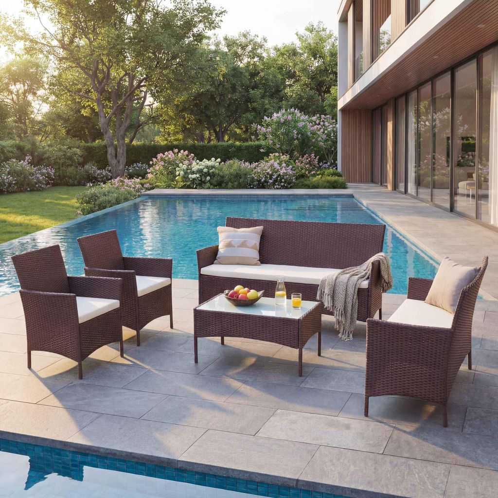 3-2-1-1 Poly-Rattan Garten-Garnitur Hamar, Lounge-Set Sitzgruppe Sofa braun-meliert, Kissen creme