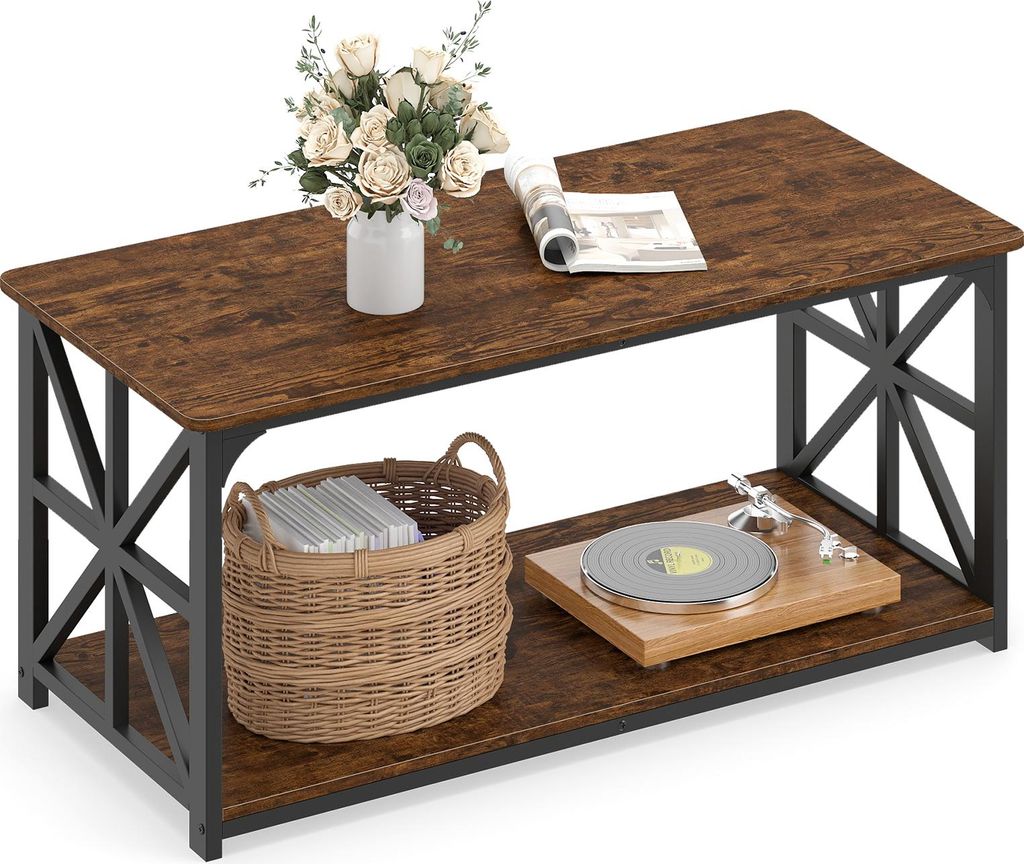 COSTWAY Couchtisch, industrieller Bauernhaus-Akzenttisch mit offenem Ablagefach, 2-stufiger rechteckiger Kaffeetisch mit Metallrahmen, 109x50x48 cm