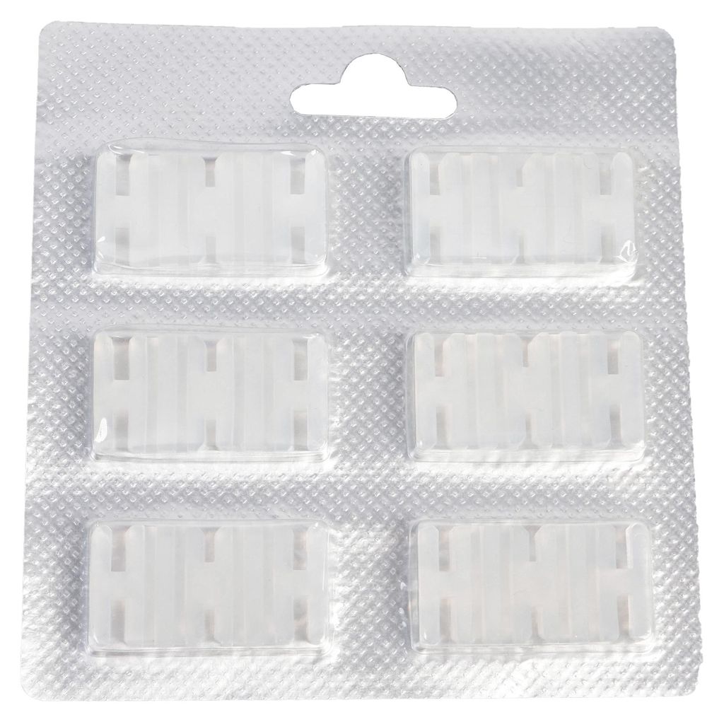 A product shot of six white scent chips in a clear plastic blister pack, with a hanging tab at the top.