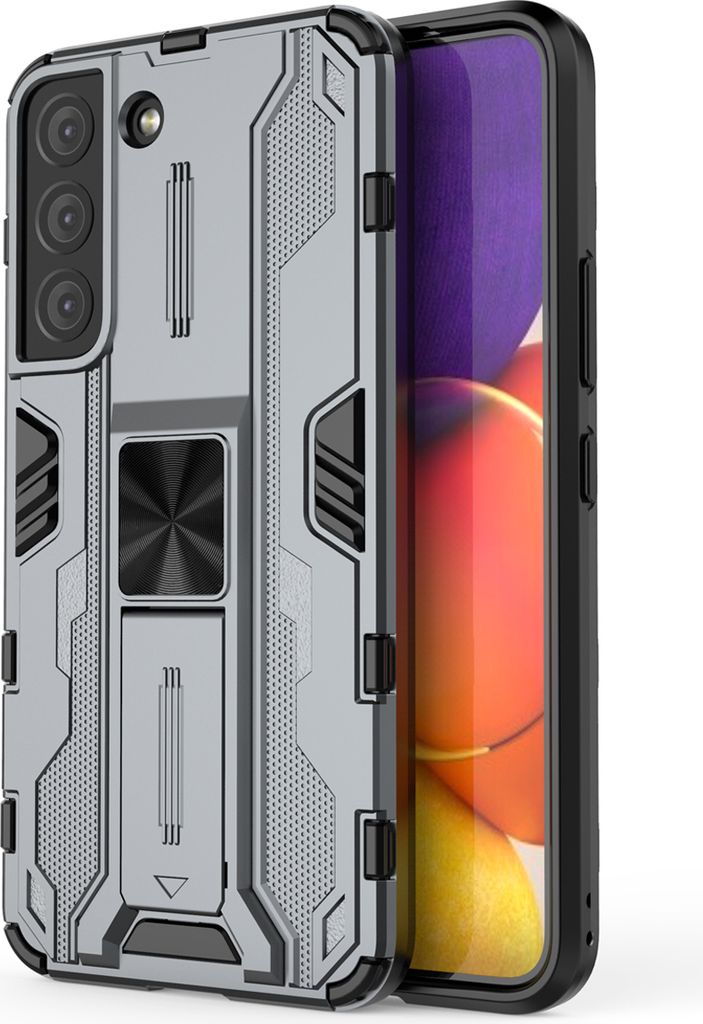 Galaxy S22 5G Hülle, Dual Layer PC TPU Bumper Stoßfest Ständer Schutzhülle für Samsung Galaxy S22 5G Grau