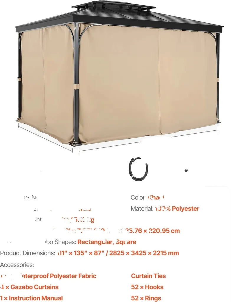 Rideau pour Gazebo 4 Panneaux avec Fermeture Éclair et Polyester Durable 12ft