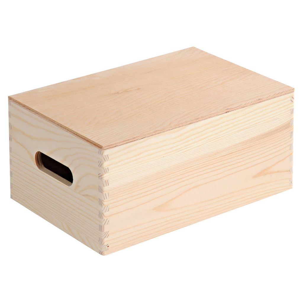 A light-colored wooden storage box with a hinged lid and cut-out handles on the sides, presented against a white background.