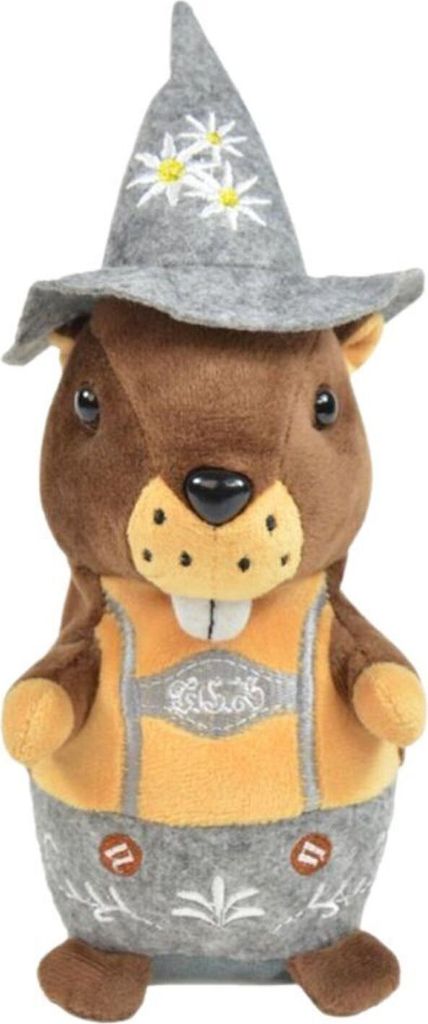 A plush toy marmot wearing traditional Bavarian clothing and a hat.