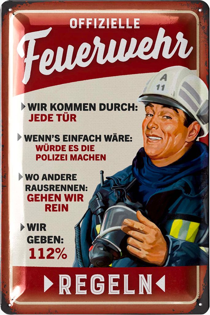 Retro Blechschild Feuerwehrgesetze - Feuerwehrmann Geschenke