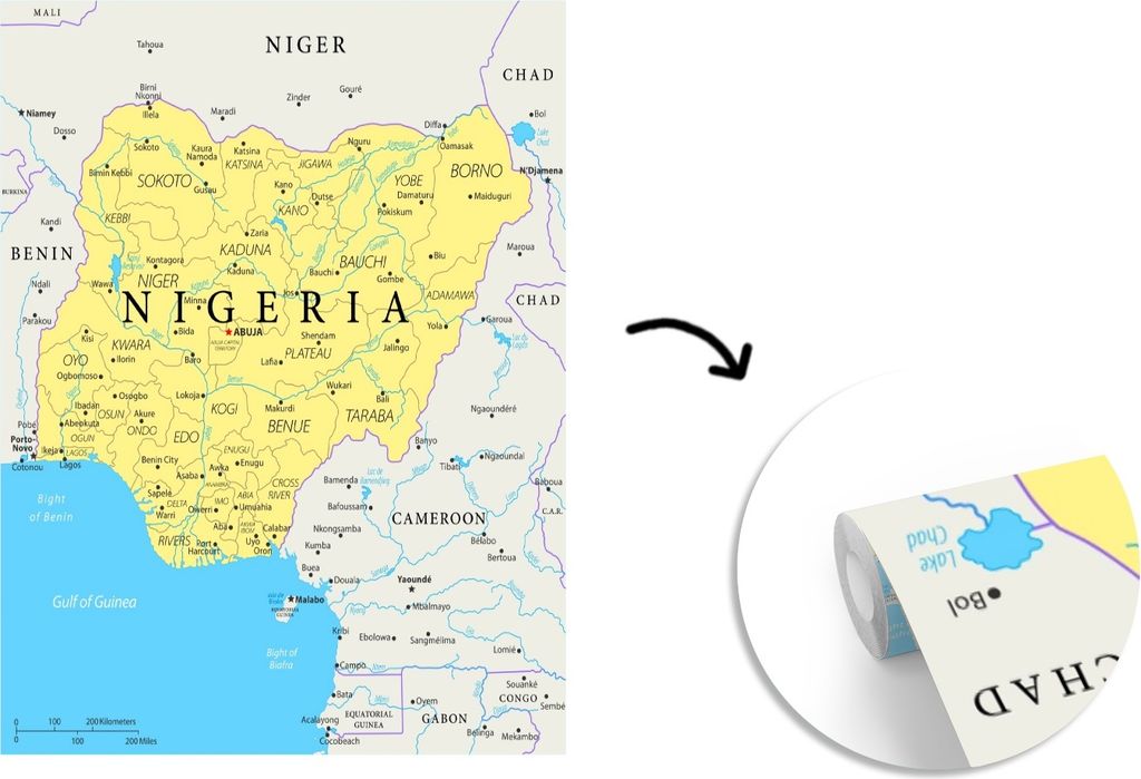 MuchoWow Fototapete für Wohnzimmer oder Schlafzimmer Wandtapete Vinyl Motivtapete Illustration von Nigeria auf einer Karte - 220x260 cm - Vinyl-...