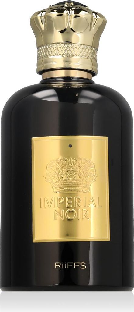 A black perfume bottle with a gold label and cap.