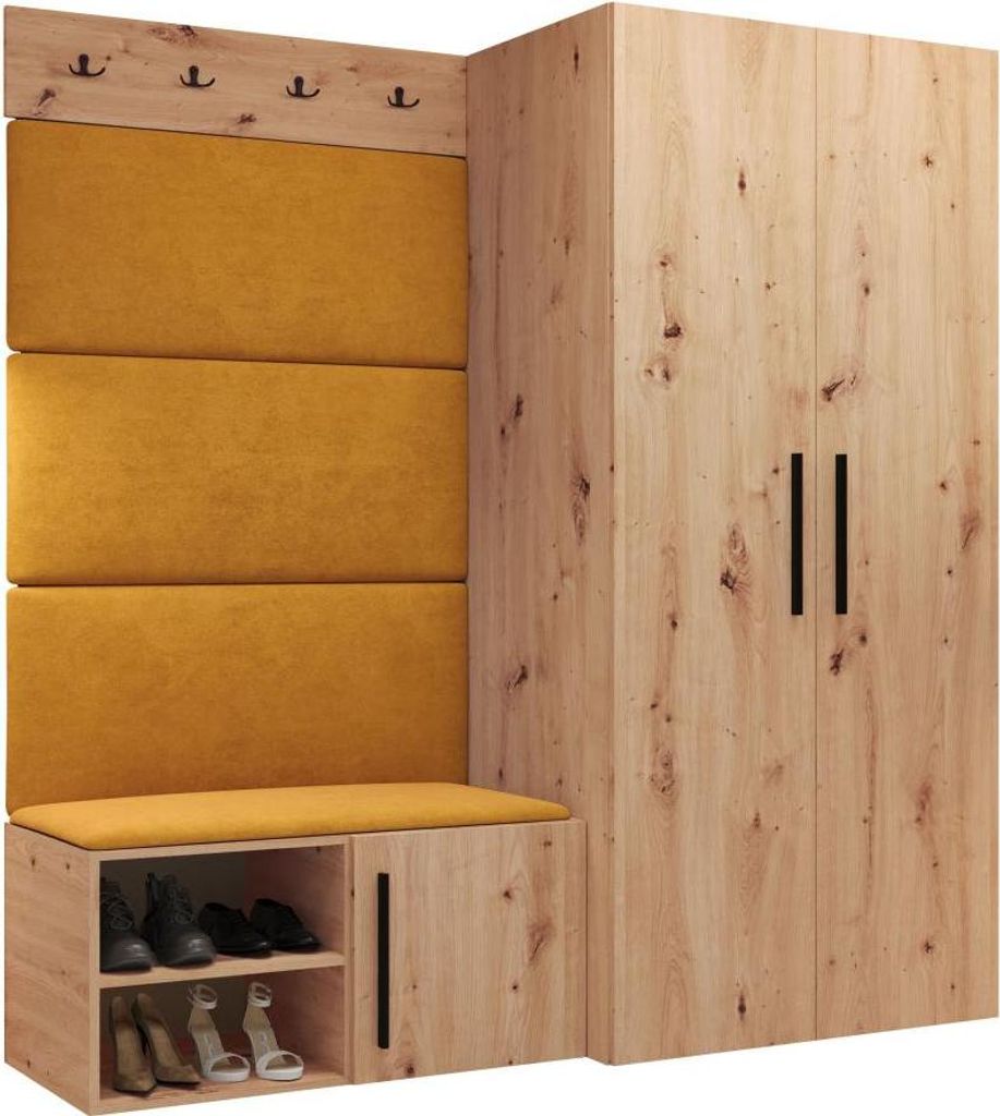 MIRJAN24 Garderoben-Set Medi I, Schuhschrank, Kleiderhakenbrett, 4x Paneel 84x42, 4 Kleiderhaken (Farbe: Artisan Eiche, Manila 32)