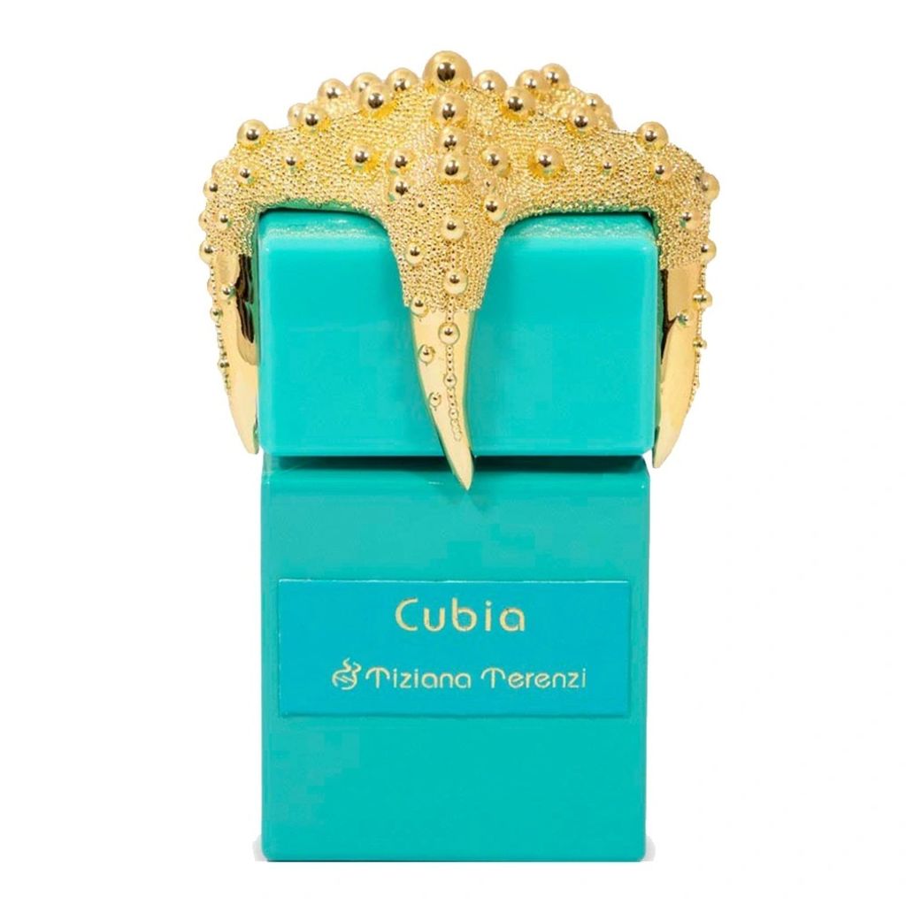 A perfume bottle with a decorative gold cap.