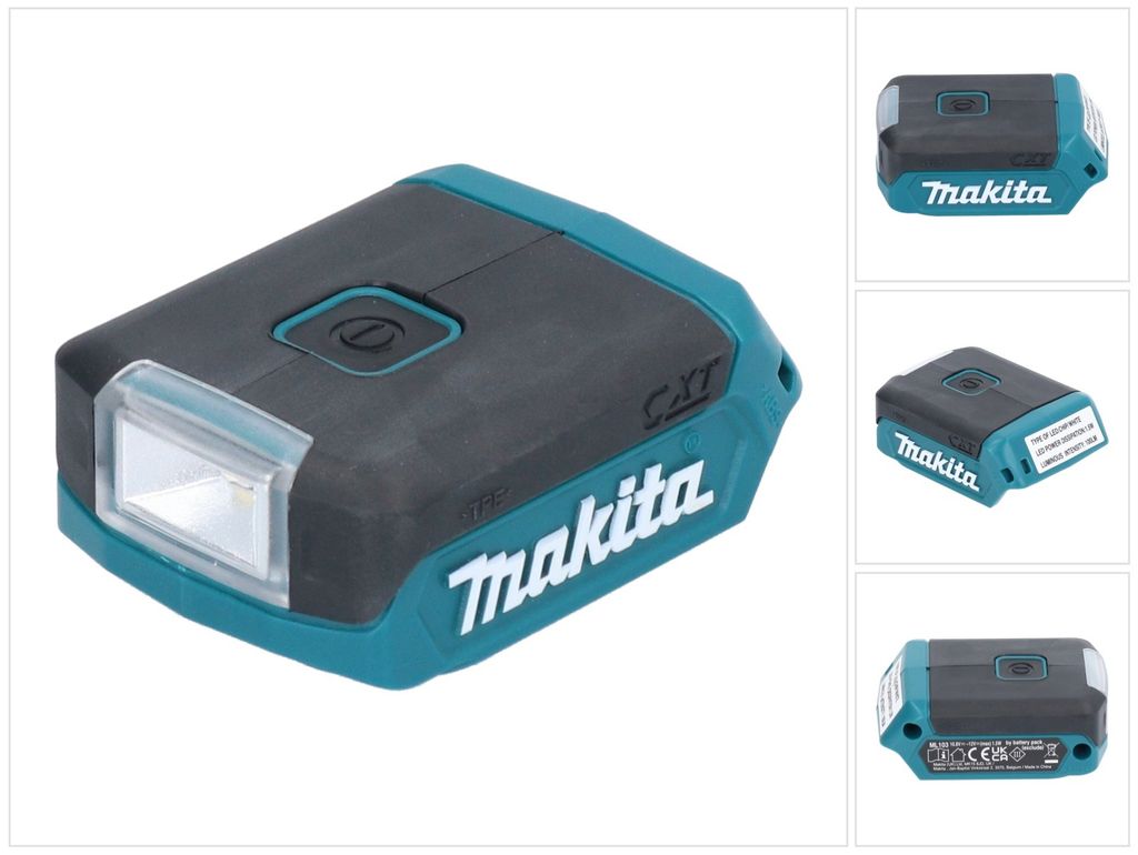 A Makita LED battery-powered flashlight is shown from multiple angles.