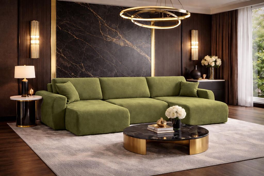 Kaiser Möbel Ecksofa mit Schlaffunktion und Bettkasten U-Form Ariel U, Veloursstoff Salvador, Olive