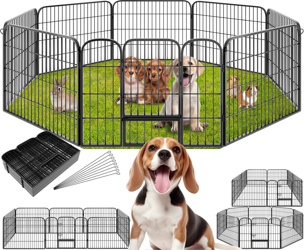 A collage of images showing a black metal dog playpen with various small animals and dogs inside, along with accessories and different configurations of the playpen.