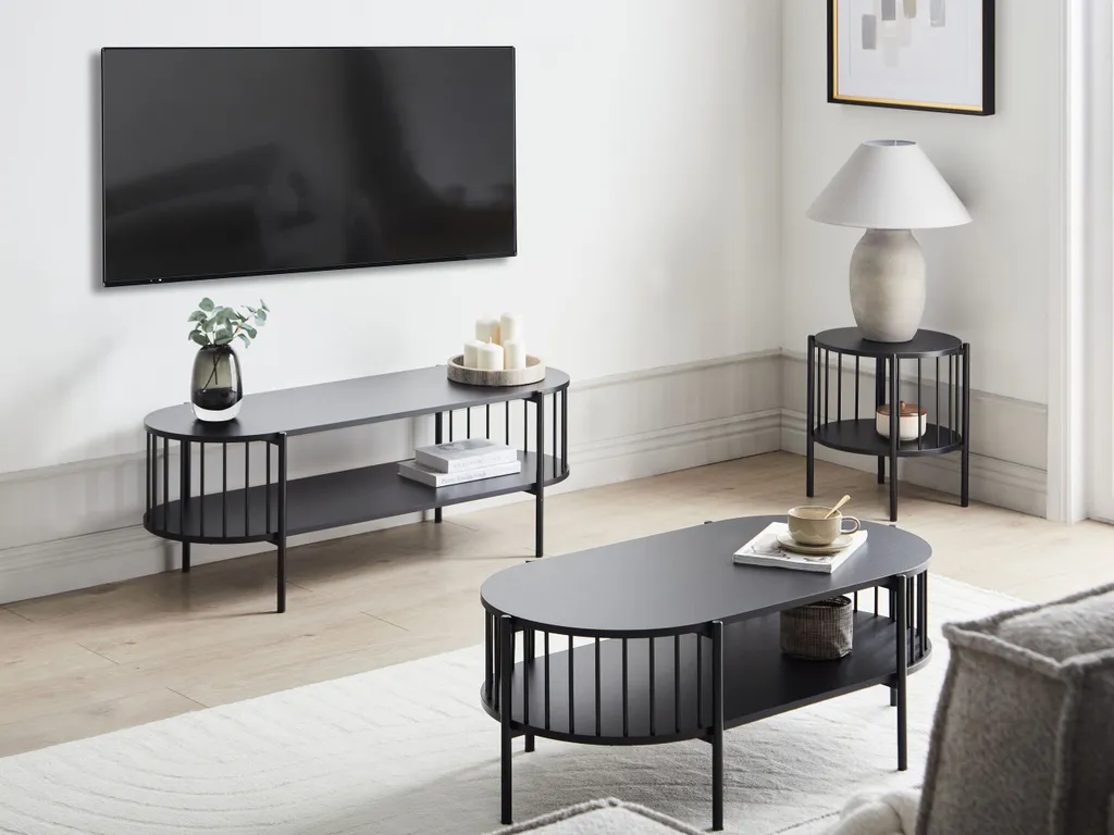 Table basse ovale rétro pour salon moderne noire avec étagère basse 103 cm - 4
