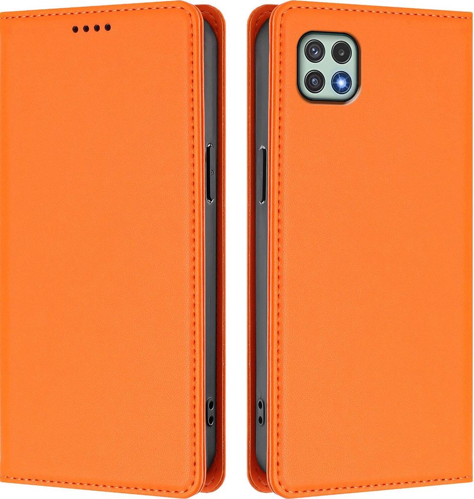 Handyhülle für Samsung Galaxy A22 5G, Kunstleder Klapphülle Stoßfeste Magnetische Hülle mit Ständer Orange