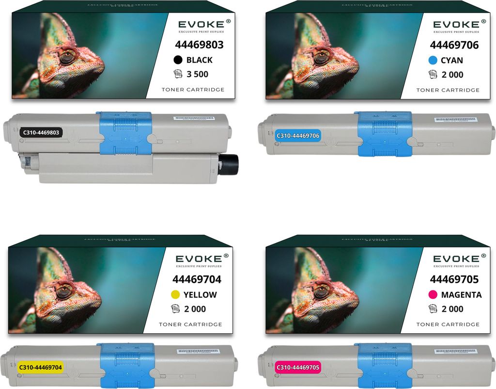 4x Toner für OKI 44-310B 44469803 CMYK = Schwarz + Blau + Rot + Gelb | Ersatz für C310 C330 C510 MC351 MC352 MC361 MC362 MC562