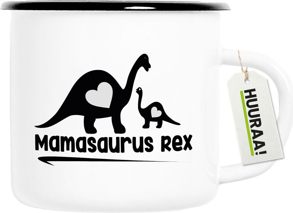 Huuraa Emaille Tasse Mamasaurus Rex Dinosaurier 300ml Vintage Campingbecher Geschenkidee