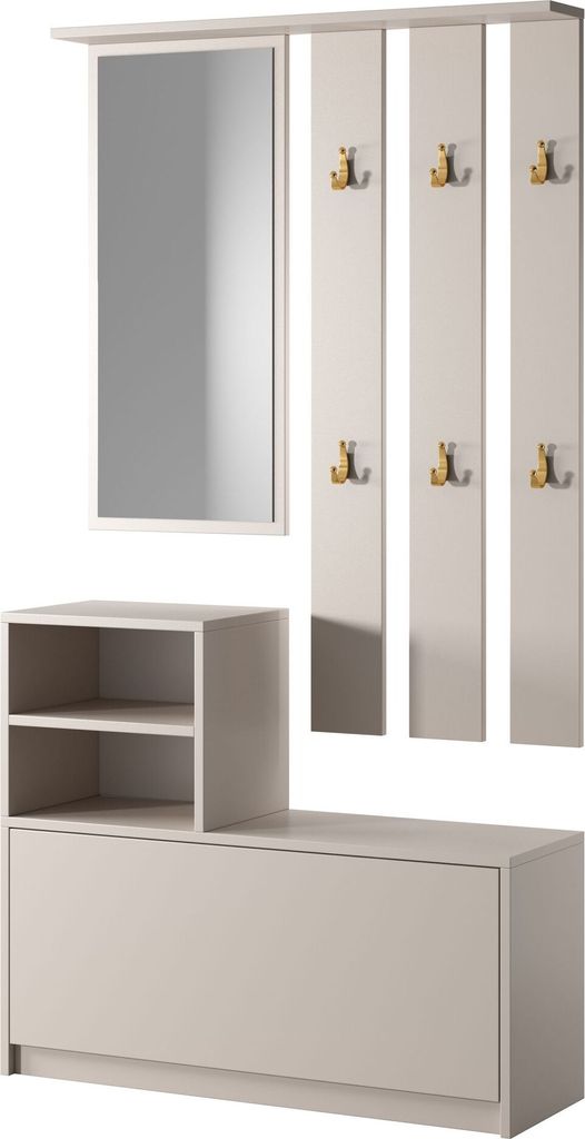 A hallway furniture set including a shoe cabinet and a coat rack with a mirror.