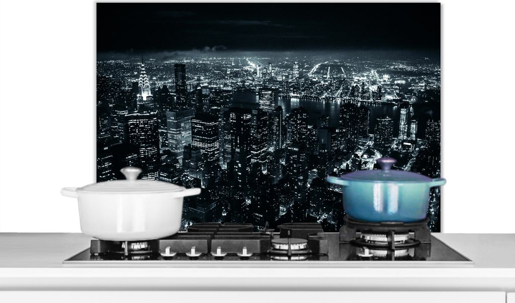 KitchenYeah Spritzschutz Küche - Küchenrückwand - Wandschutz für Herd und Spüle - Skyline - New York - Nacht 90x60 - Alu-Dibond (Alternativ...