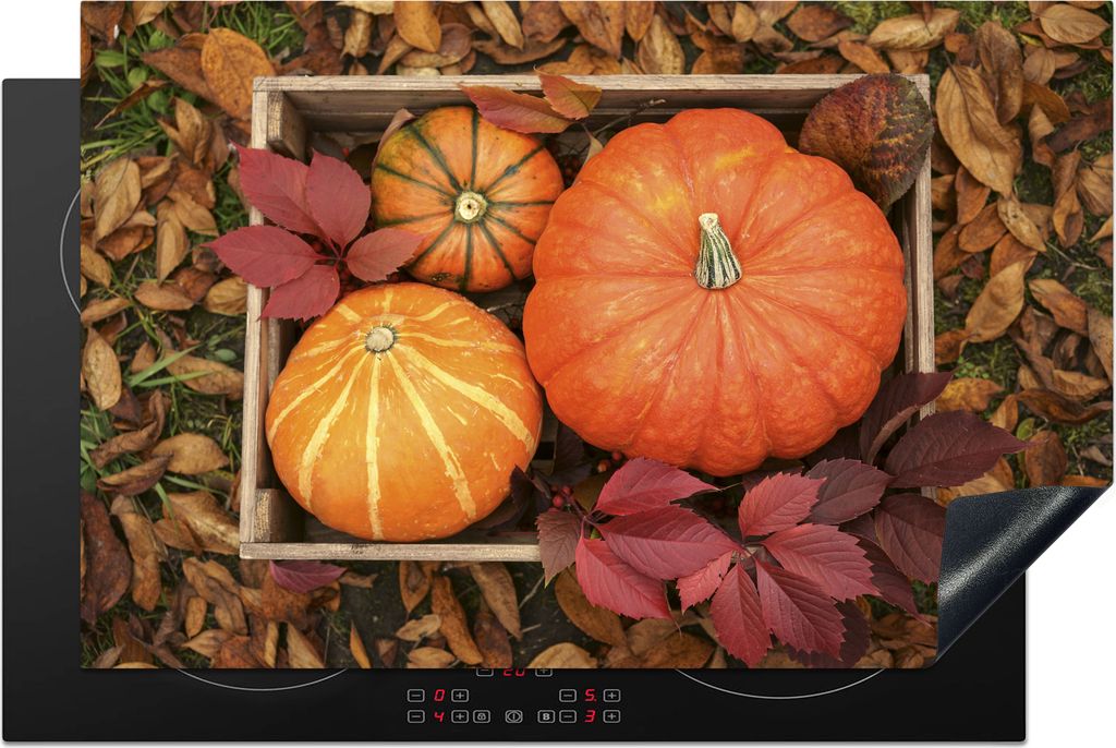 KitchenYeah Herdabdeckplatte Kürbis - Kiste - Blätter , 80x52cm, Küche Deko, Glaskeramikfeld Herdabdeckung, Abdeckplatte fùr Kochfeld