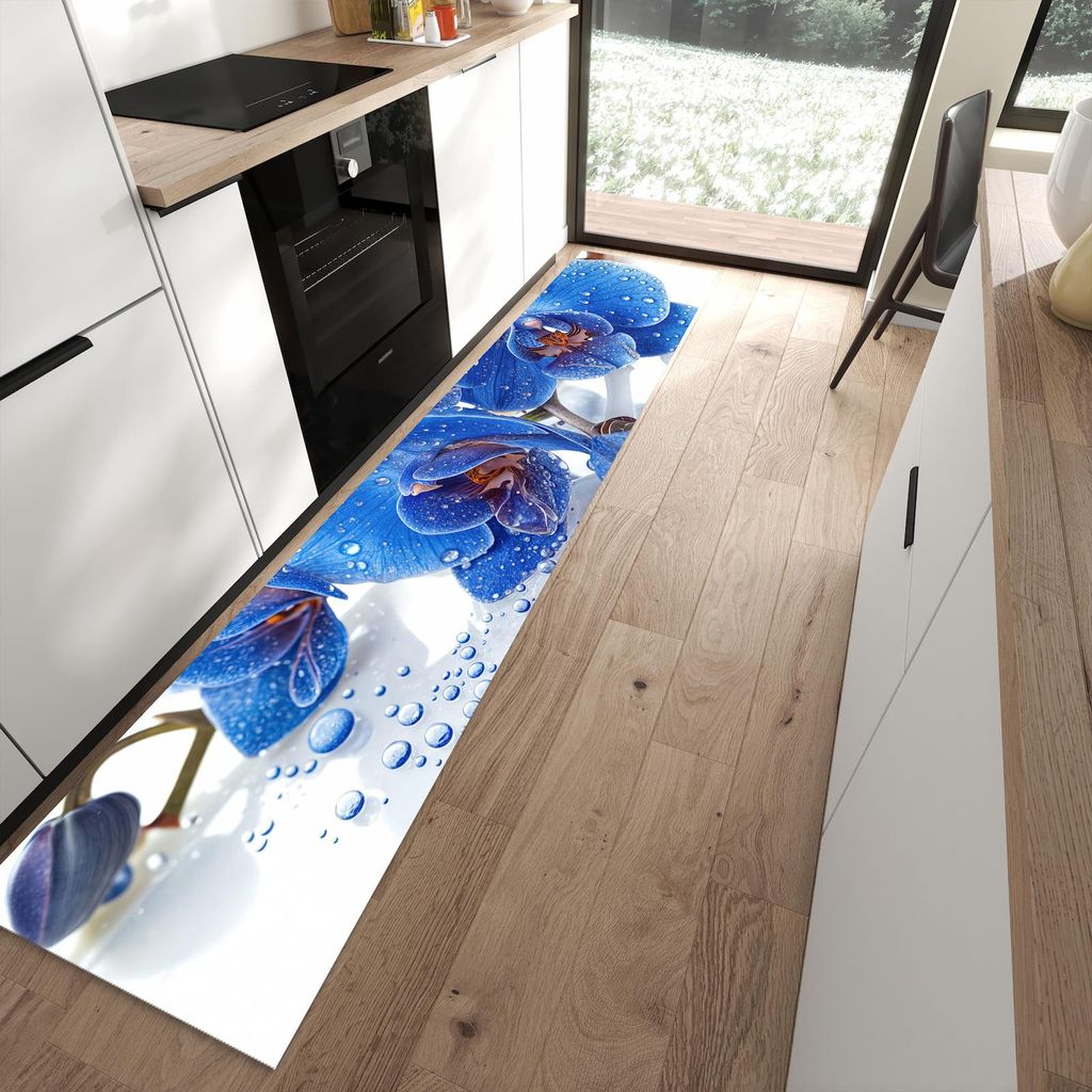 Küchenteppich 60x300cm rutschfest & abwischbar PVC Läufer - Blaue Orchideen