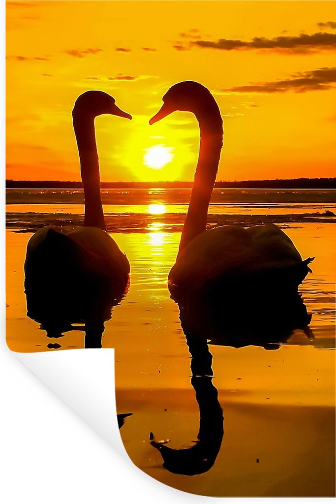 MuchoWow Wandtattoo Wandsticker Wandaufkleber Schwäne - Sonnenuntergang - Vogel - Orange - Wasser 80x120 cm Selbstklebend und Repositionierbar -...