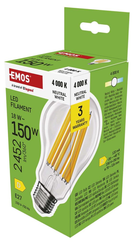 EMOS LED Lampe Edison A70, 18W Ersatz für 150W, Vintage-Glühlampe, E27 Sockel und Helligkeit 2452 lm, Neutralweiß 4000 K, 25000h Lebensdauer , Z...