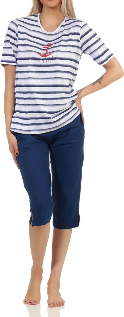 Maritimer Damen kurzarm Capri Schlafanzug, Oberteil mit Anker Motiv, auch in Übergrössen ; marine , 32