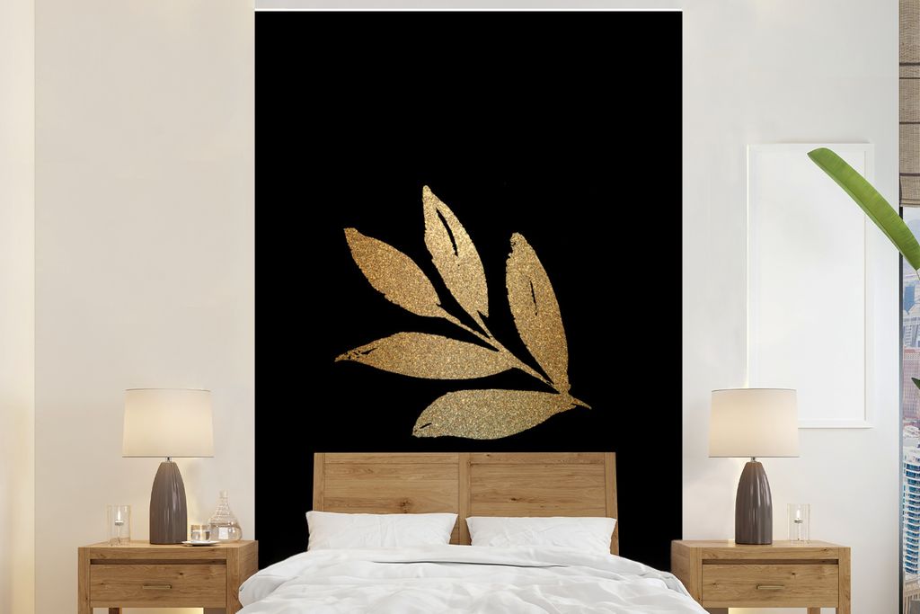 MuchoWow Fototapete für Wohnzimmer oder Schlafzimmer Wandtapete Vinyl Motivtapete Blatt - Gold - Zweig - 180x280 cm - Wallpaper