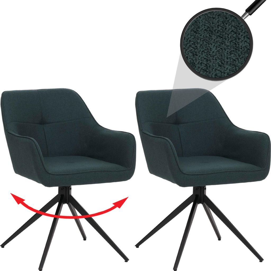 2er-Set Esszimmerstuhl HWC-O47, Küchenstuhl Armlehne, drehbar Auto-Return, Stoff/Textil (270g/m²) petrol-grün