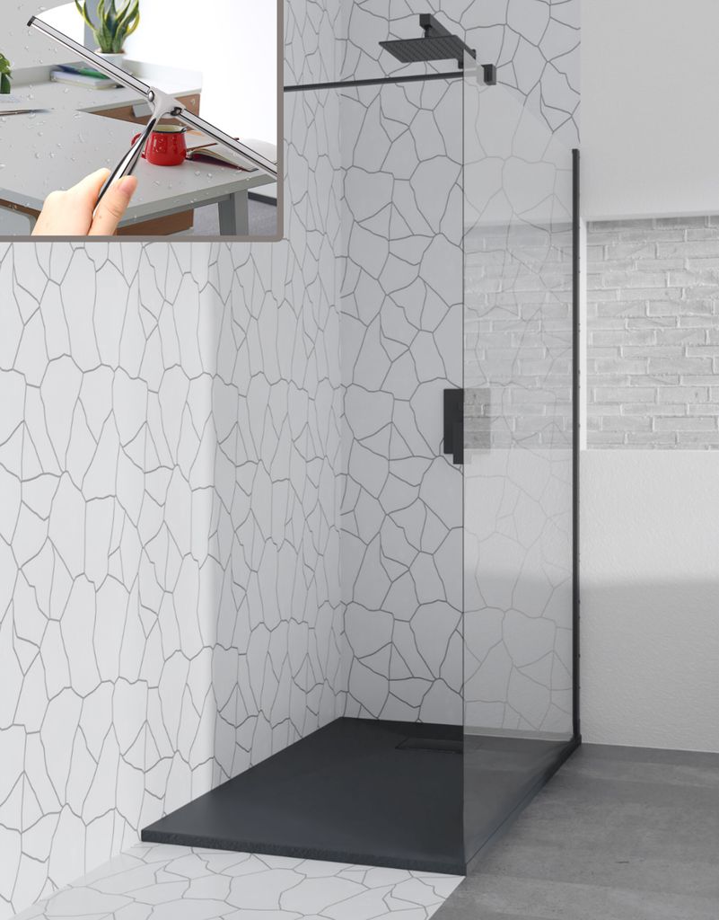 SET Walk-In Dusche 100x195 + Duschwanne 80x100 - Rechteck Gehärtet Nano Glas Schwarz Steinoptik SMC inkl. Siphon & Badwischer| BADLAND KETIL VIDAR