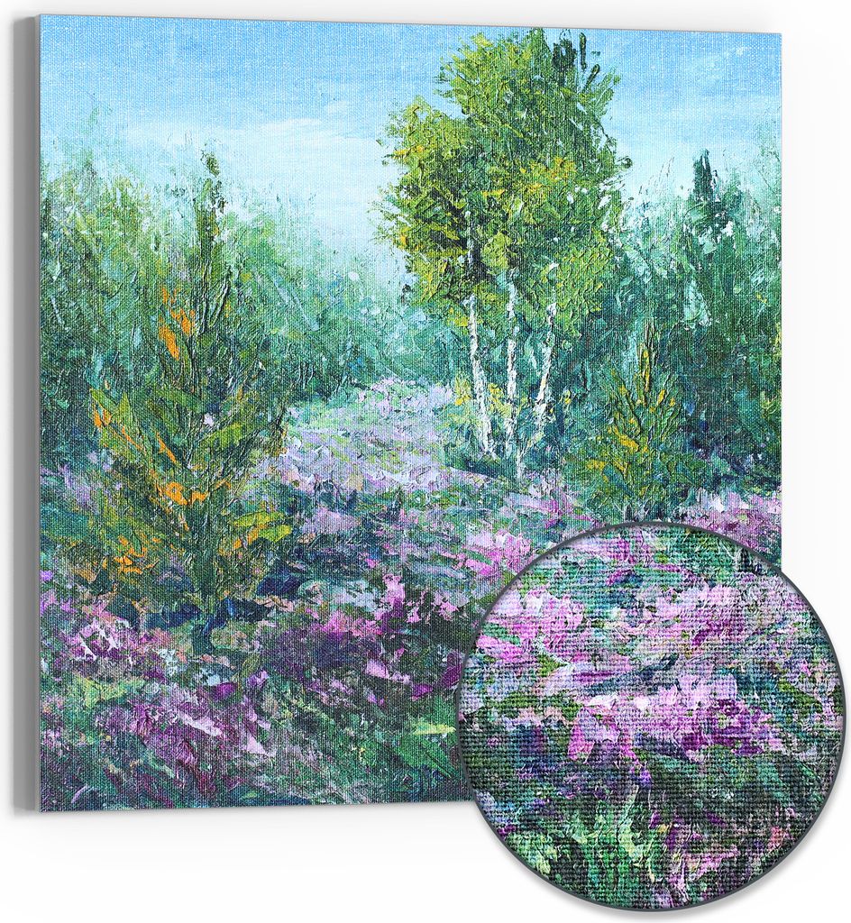 DEQORI Hybrid Leinwand Bild 30x30 cm 'Lebendiger Waldmorgen' Wandbild Glas flach modern