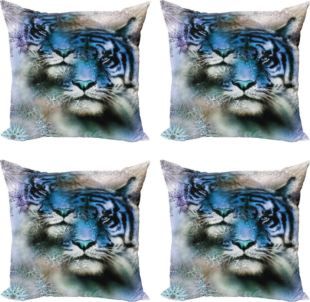 ABAKUHAUS Tier Kissenbezug Set (4 Stück), Safari Tigers, Moderner Doppelseitiger Digitaldruck, 40 cm x 40 cm, Blau Schwarz-Weiß