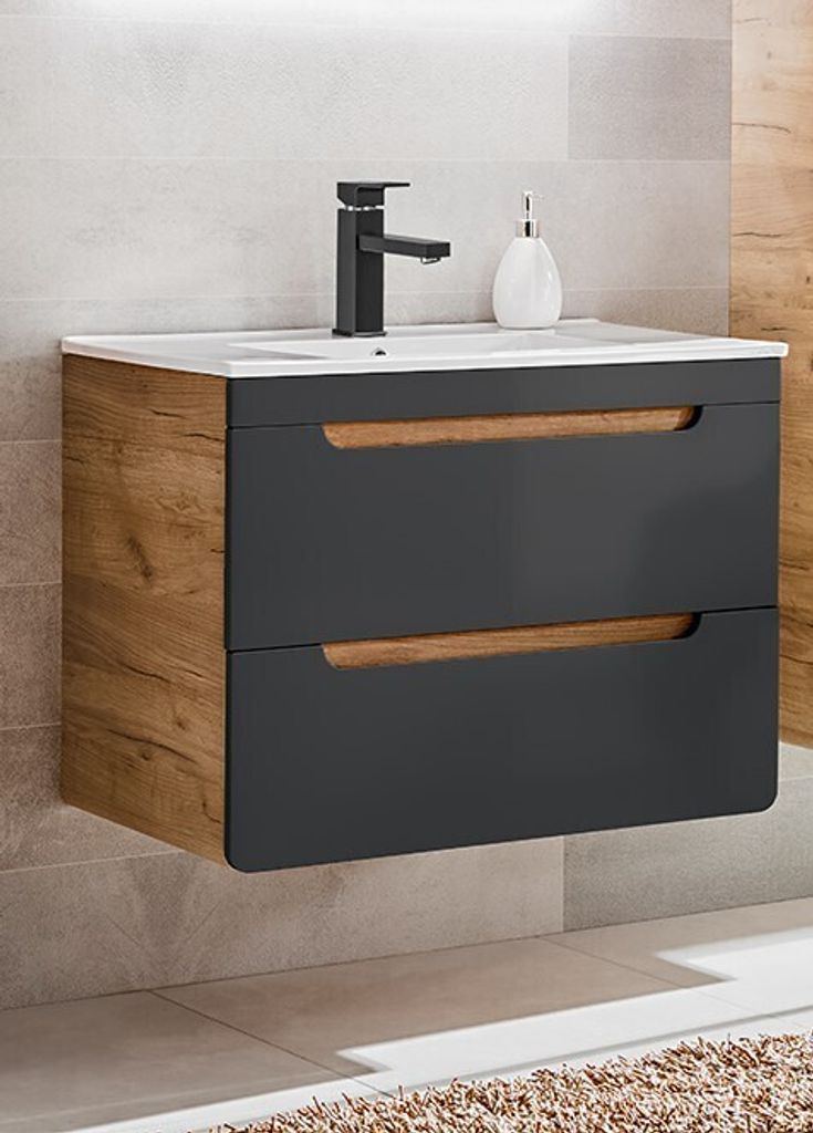 Badmöbel Set ARUBA COSMOS – EICHE 80 cm mit Waschbecken Matt Soft-Close MONTIERT Waschbecken Waschbeckenunterschrank