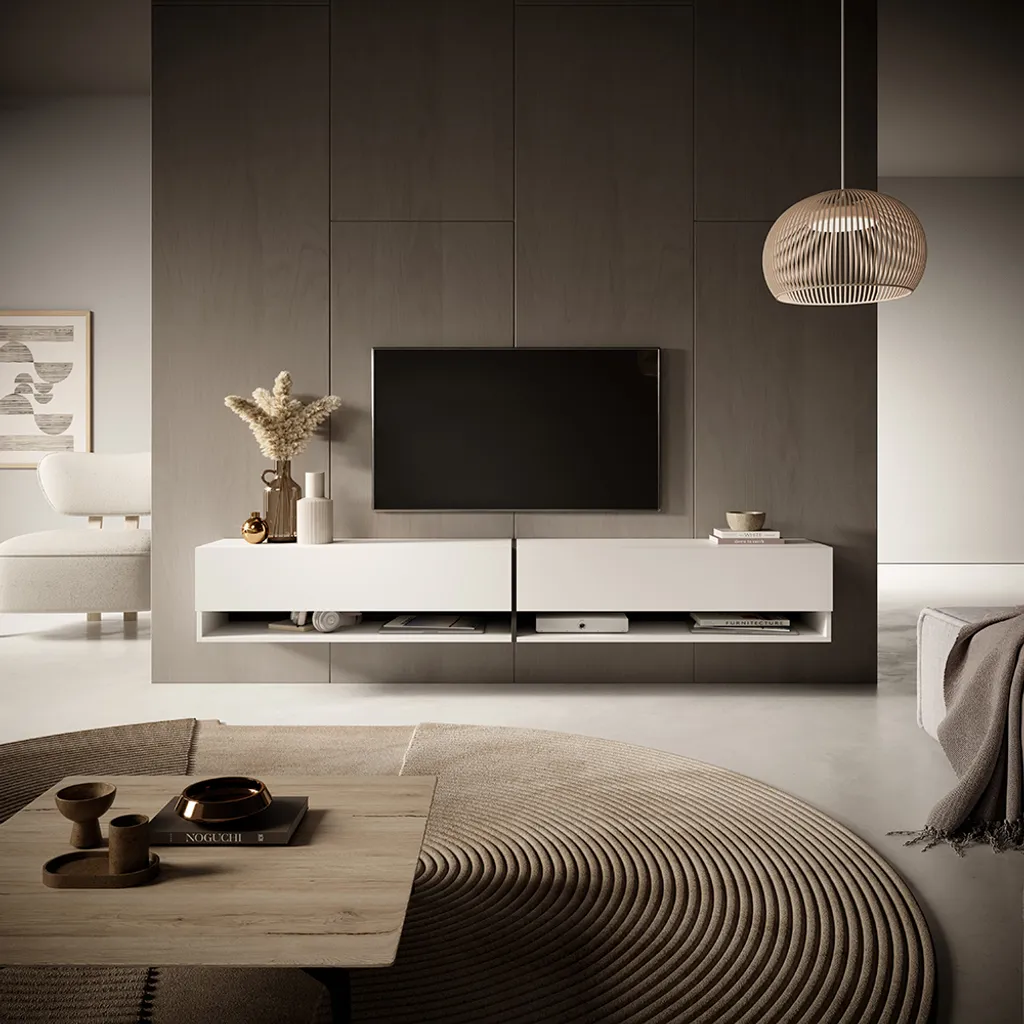 Meuble TV Mirrgo 200 cm blanc avec inserts graphite effet bicolore - 5