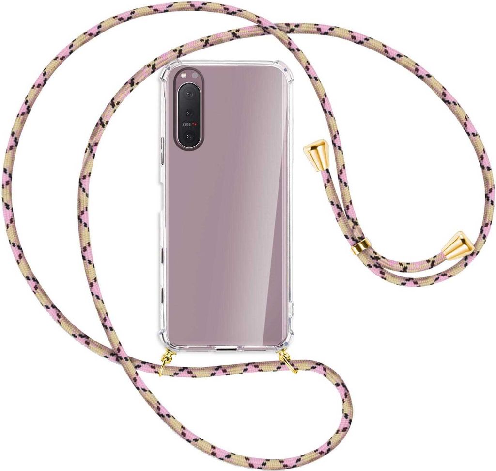 Handykette Backcover-Schutzhülle mit Band (Metall goldfarben) für Sony Xperia 5 II - rosa Karo