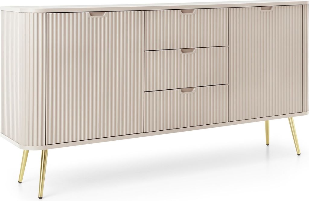 Kommode mit 3 Schubladen Gerly - Sideboard 170 cm auf Beinen, Loft, geriffelten Fronten, 2 Türen - Sideboard mit Lamellen (Beige / Gold)