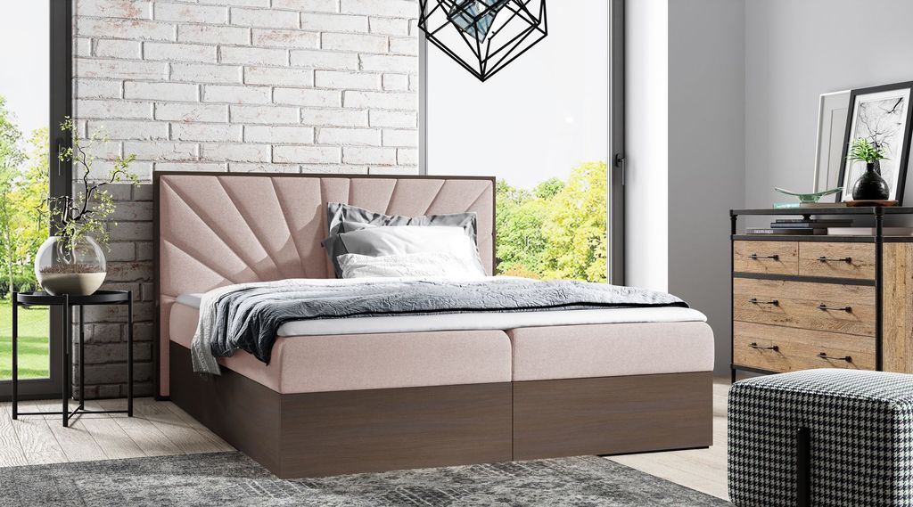 Kontinentales Bett 140x200 CHANTELLE 7 - dunkle Eiche / Rosa + GRATIS Matratzenauflage