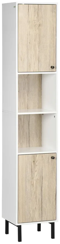 Armoire de salle de bain 2 portes et 6 étagères blanc et chêne - 170cm