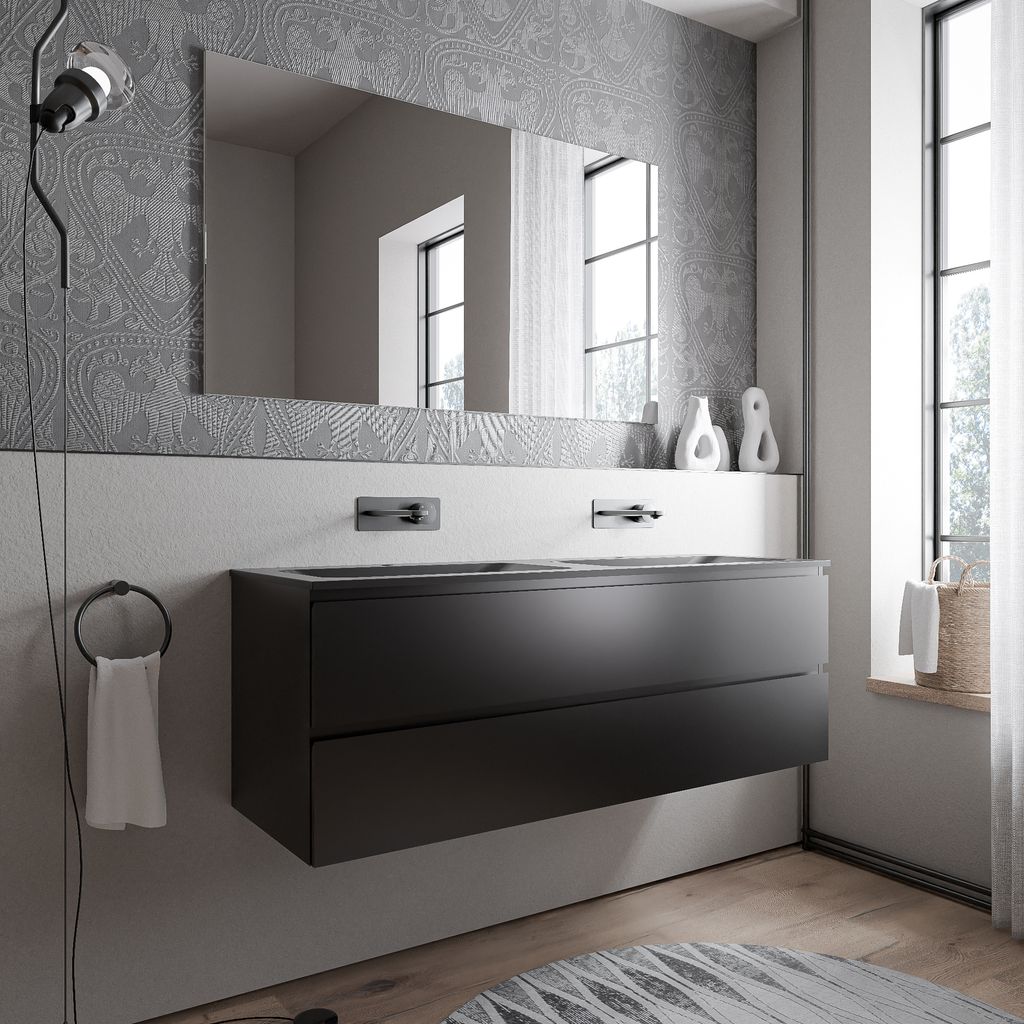 Unterschrank AVA 140 cm mit Mineralguss Waschbecken BRUXELLES - Farbe wählbar, Auswahl Waschbecken:Schwarz matt ohne Hahnloch, Farbe Badmöbel:Sch...