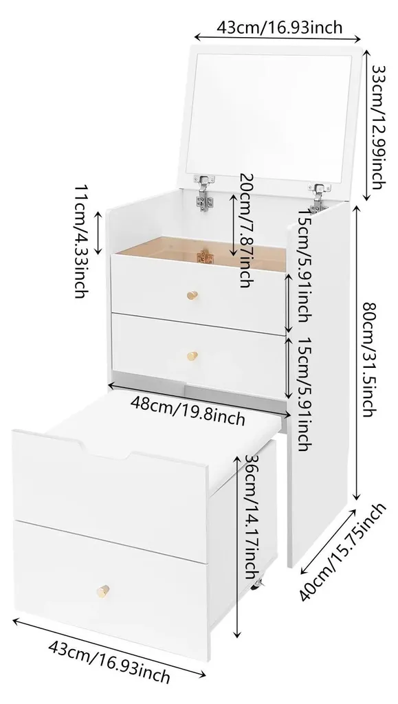 Coiffeuse avec miroir et tabouret blanc compacte modèle CF-45 - 7