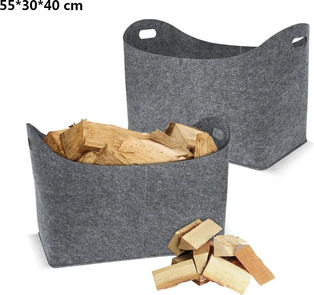 2 Stück Kaminholztasche aus Filz Holzkorb Kaminholzkorb Holztasche Filztasche für Holz Kaminholz Zeitungen, Helllgrau, 55*30*40 cm