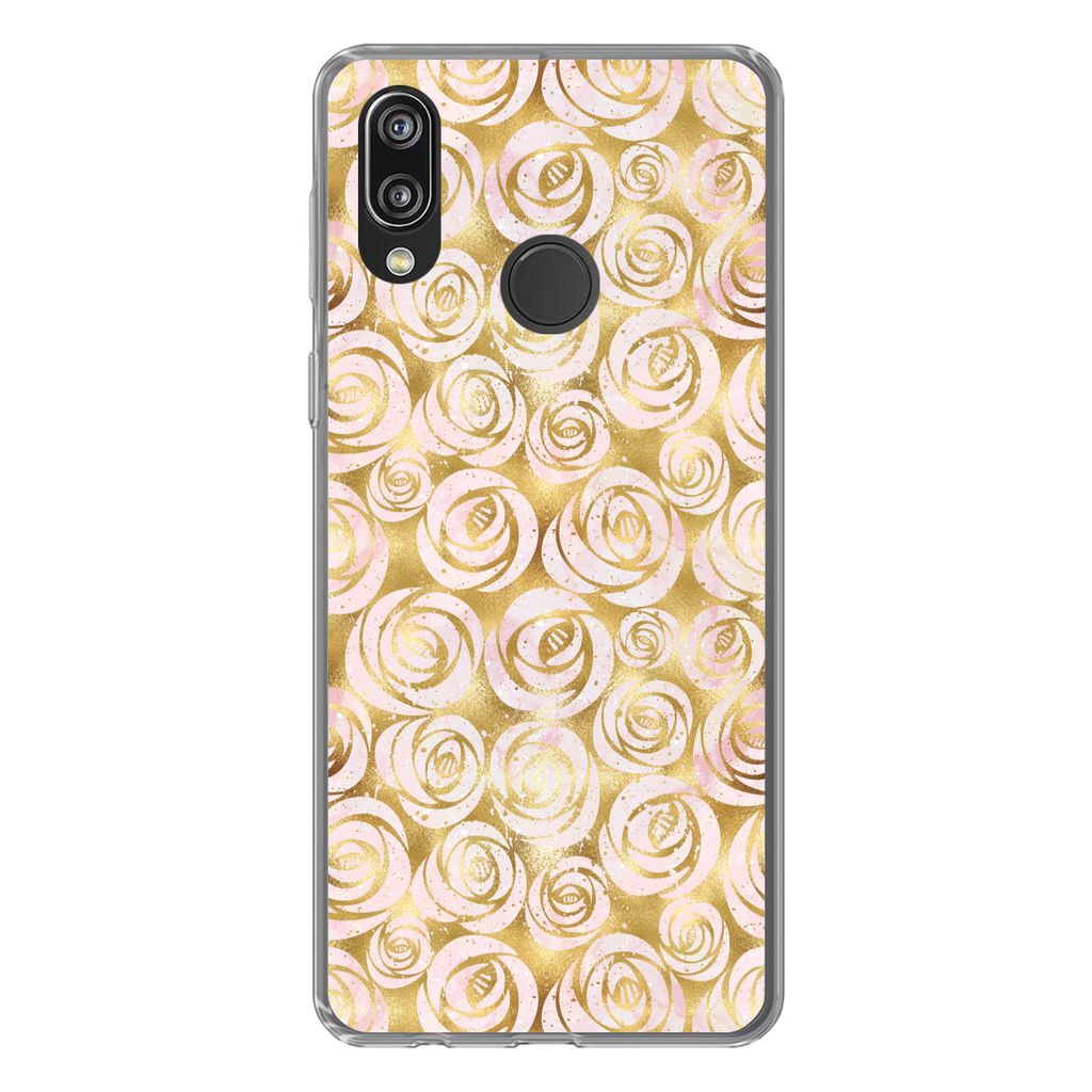 MuchoWow Handyhülle Schutzhülle Hülle für Huawei P20 Lite (2020) Marmor - Gold - Rosen - Muster Silikon Softcase Handy Hülle - Kartenhalter