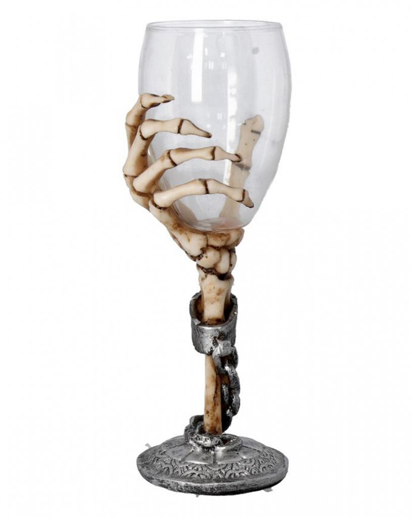 Knöcherige Skeletthand mit Trinkglas 21cm