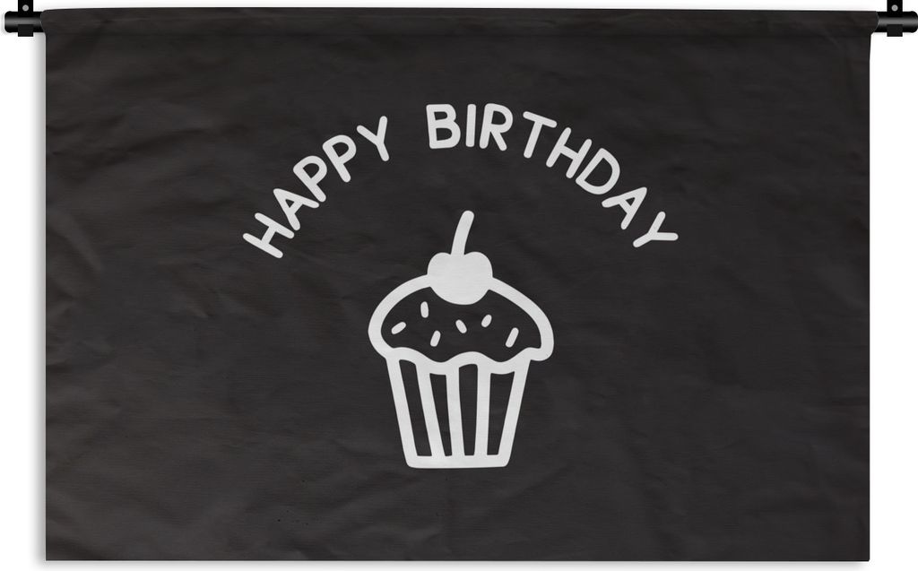 MuchoWow Wandteppich Wandbehang Zitat "Happy Birthday" mit einem Cupcake auf schwarzem Hintergrund 90x60 cm Tapisserie Dekoration Wandtuch - Wand...