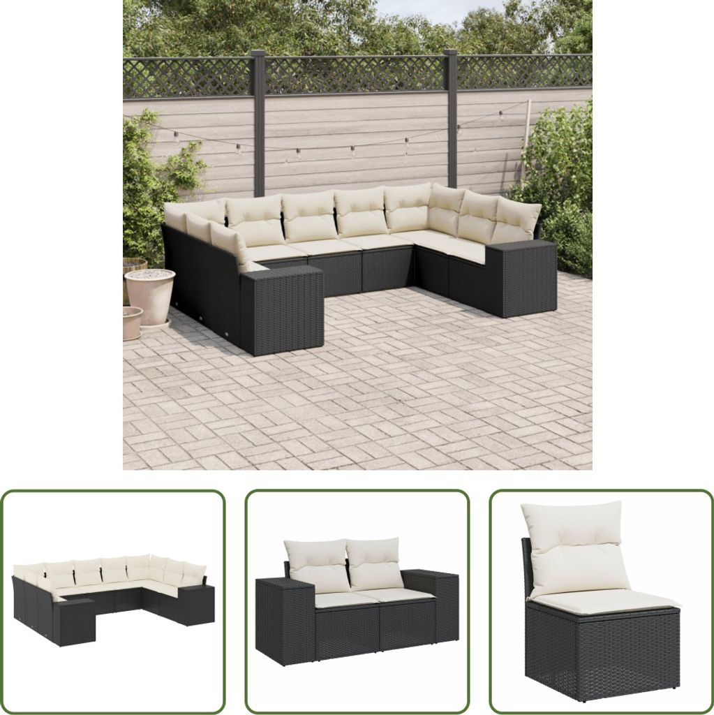 The Living Store 9-tlg. Garten-Sofagarnitur mit Kissen Schwarz Poly Rattan