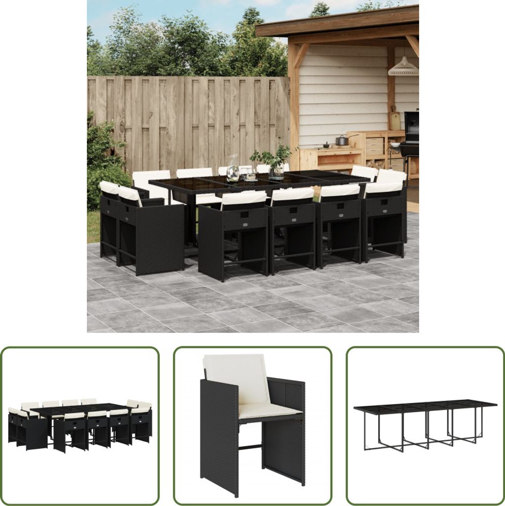 The Living Store 13-tlg. Garten-Essgruppe mit Kissen Schwarz Poly Rattan
