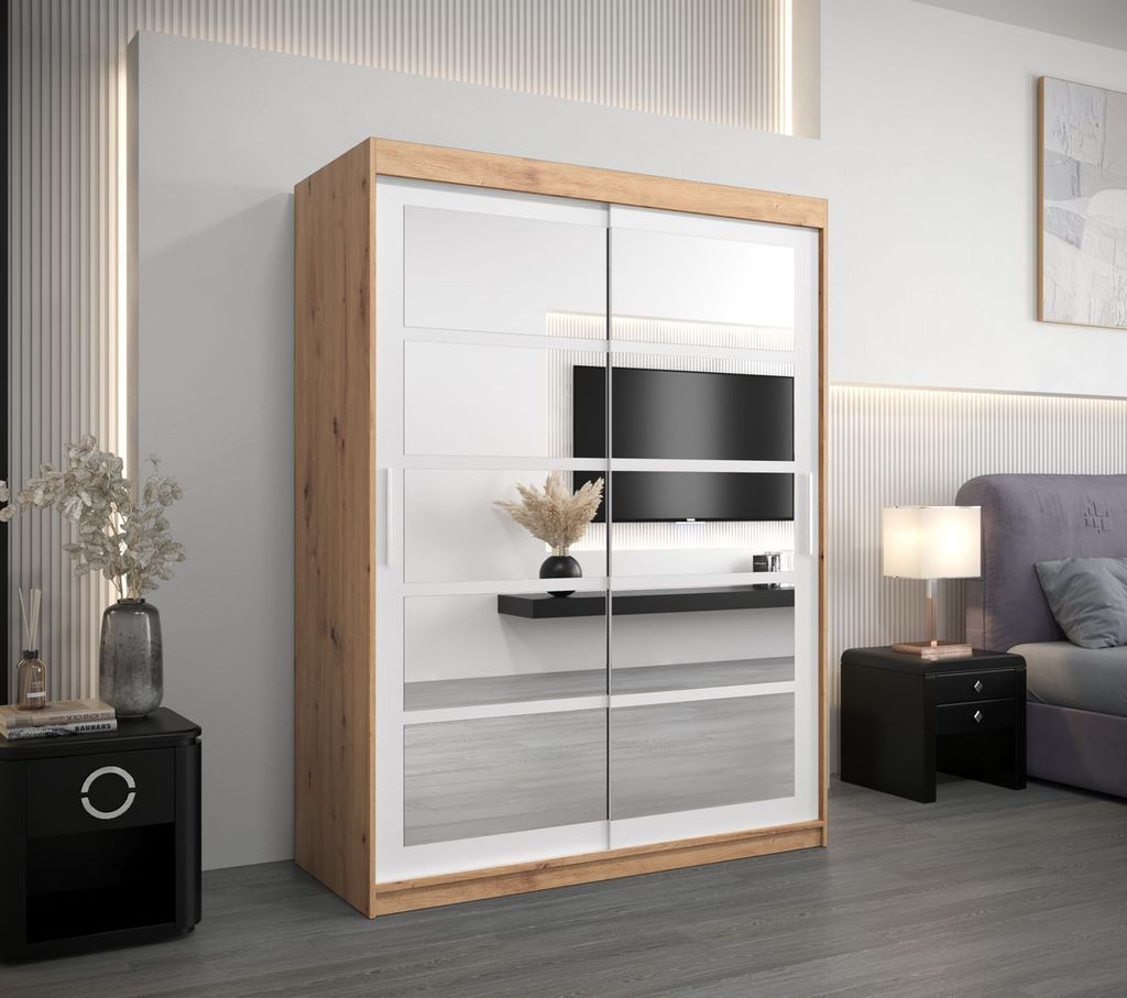 Kleiderschrank mit Spiegeln KARLA – Breite 150 cm, Eiche handwerklich/weiß