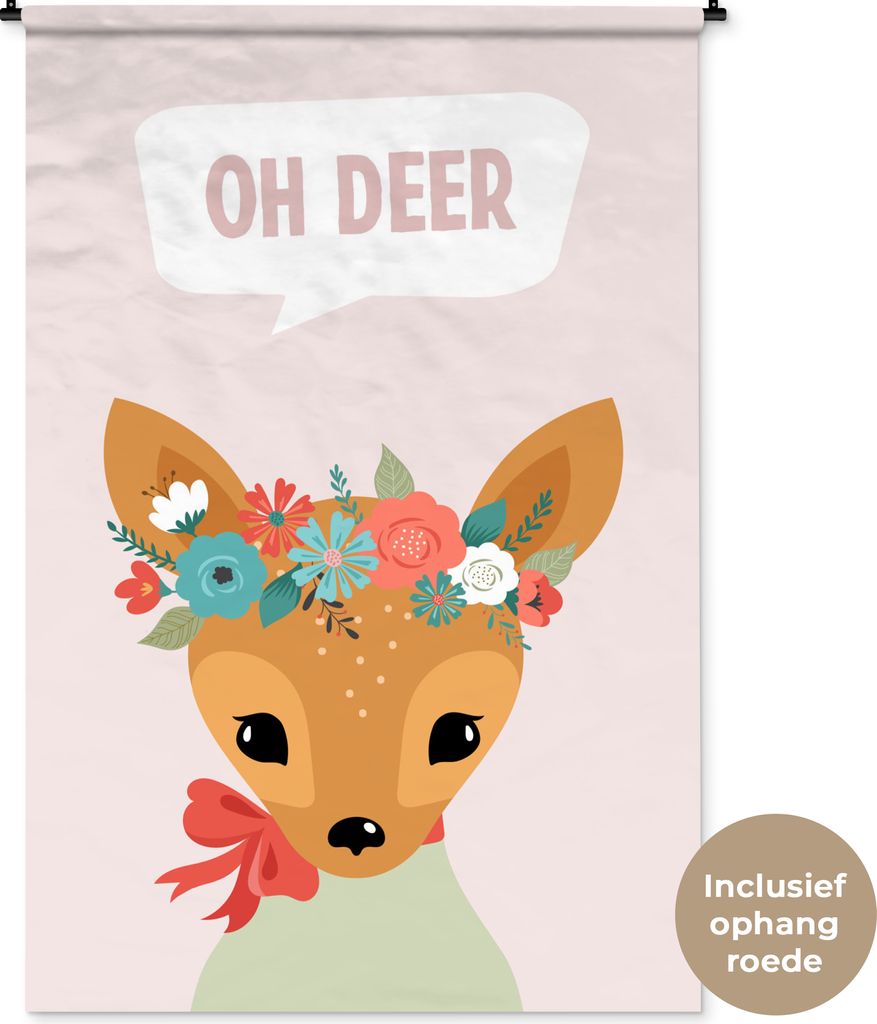 MuchoWow Wandteppich Wandbehang Hirsch - Schleife - Rosa - Blumen 120x180 cm Tapisserie Dekoration Wandtuch - Schlafzimmer - Dekorationen für da...