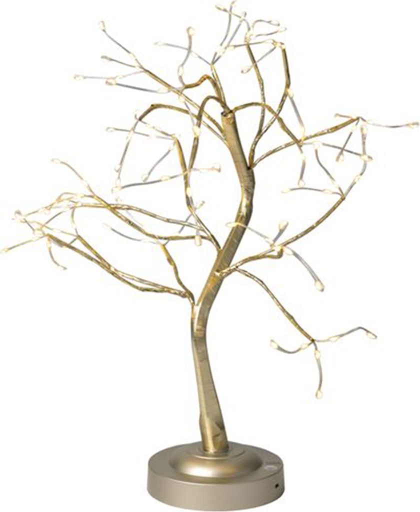 A decorative LED tree with a gold-colored trunk and branches, illuminated by warm white lights, standing on a circular base.