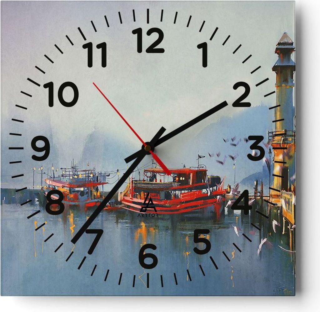 Wanduhr - Quadrat - Glasuhr - Hafen Laterne Boot - 30x30cm - Schleichendes Uhrwerk - Lautlos - zum Aufhängen bereit - Dekoration Modern - Wanddeko...