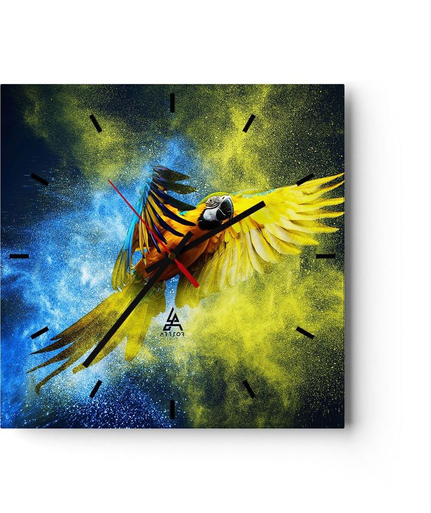 Wanduhr - Quadrat - Glasuhr - Papagei Vogel Feder - 30x30cm - Schleichendes Uhrwerk - Lautlos - zum Aufhängen bereit - Dekoration Modern - Wanddek...